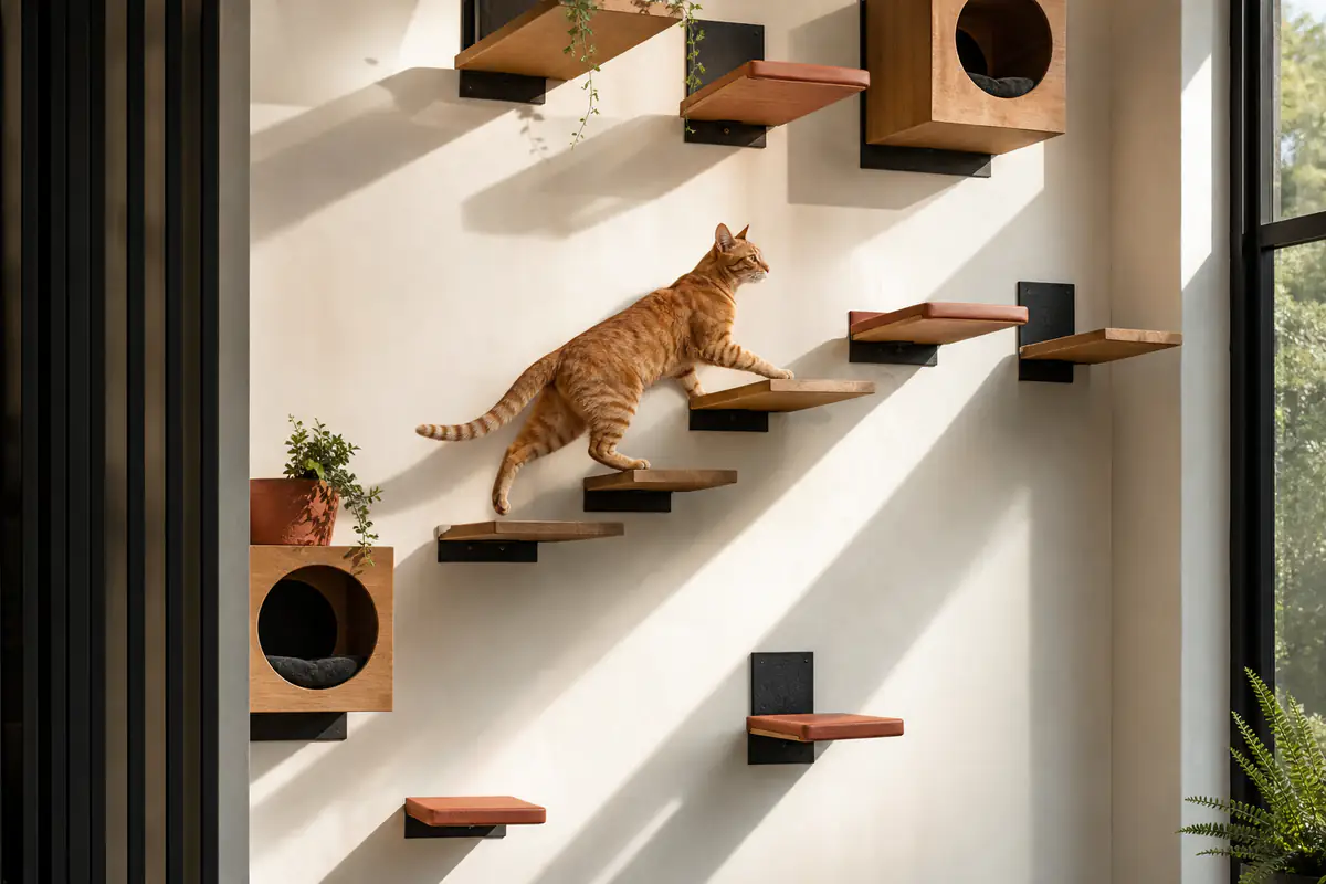 Orange Katze nutzt eine Kletterwand mit Plattformen und Rückzugsorten