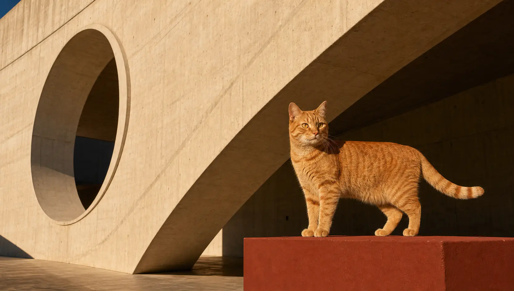 Orange Katze in einer skulpturalen Architektur aus Beton