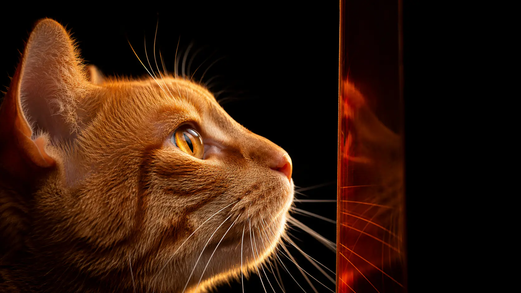 Profil einer orangefarbenen Katze neben leuchtend rotem Glas