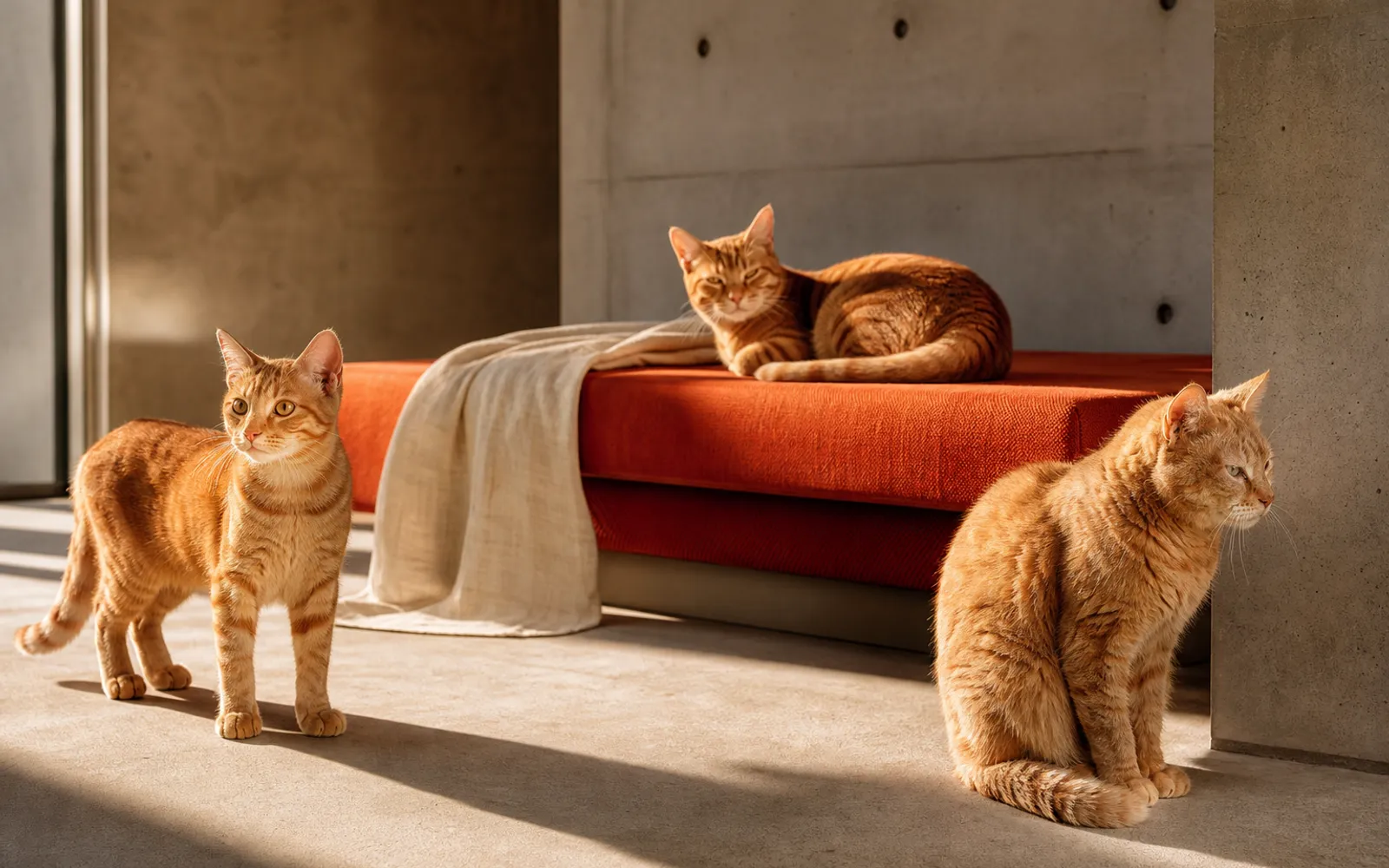 Drei unterschiedliche orange Katzen in einem modernen Innenraum